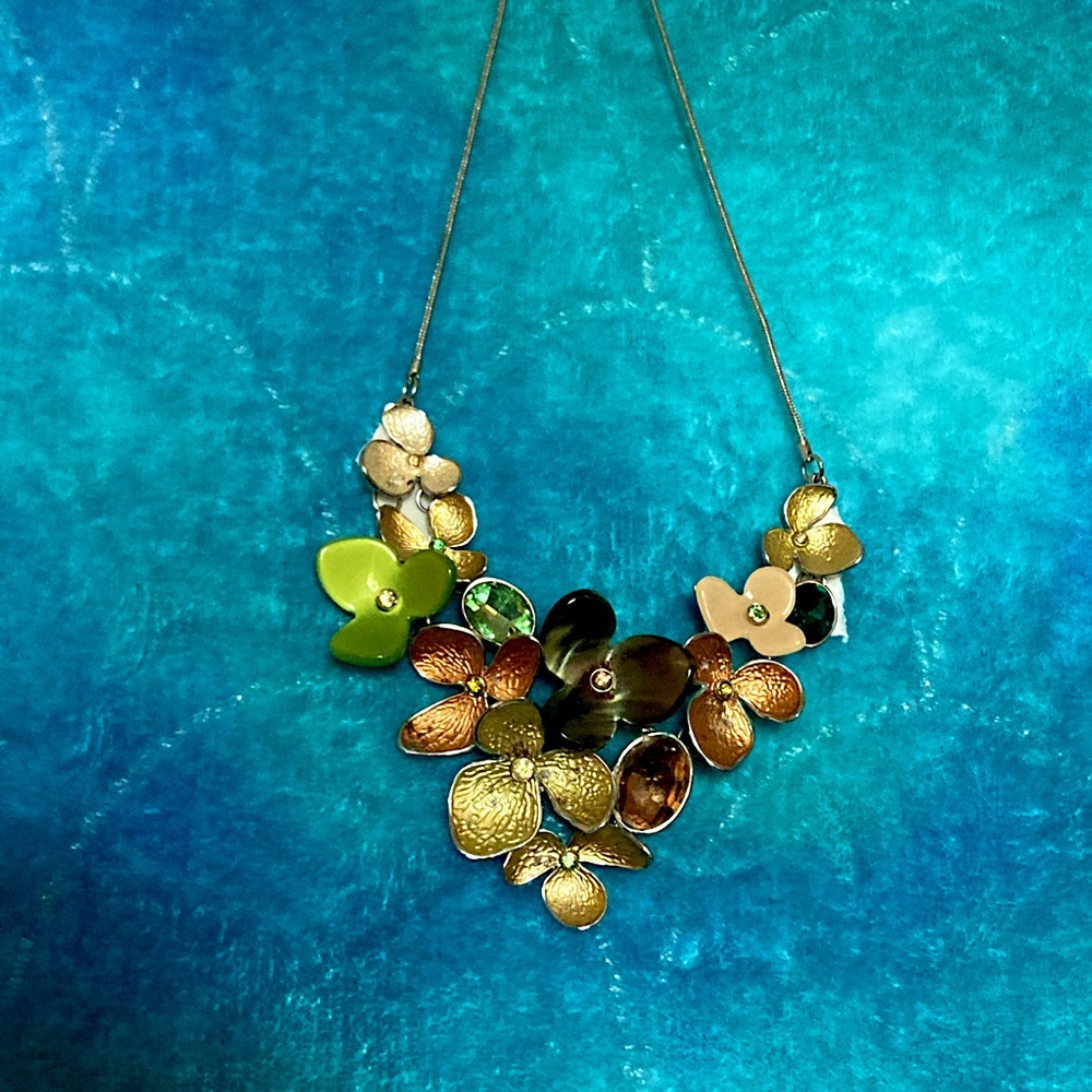 Handcrafted One Of A Kind Green Flower Formal Necklace with Silver Chain